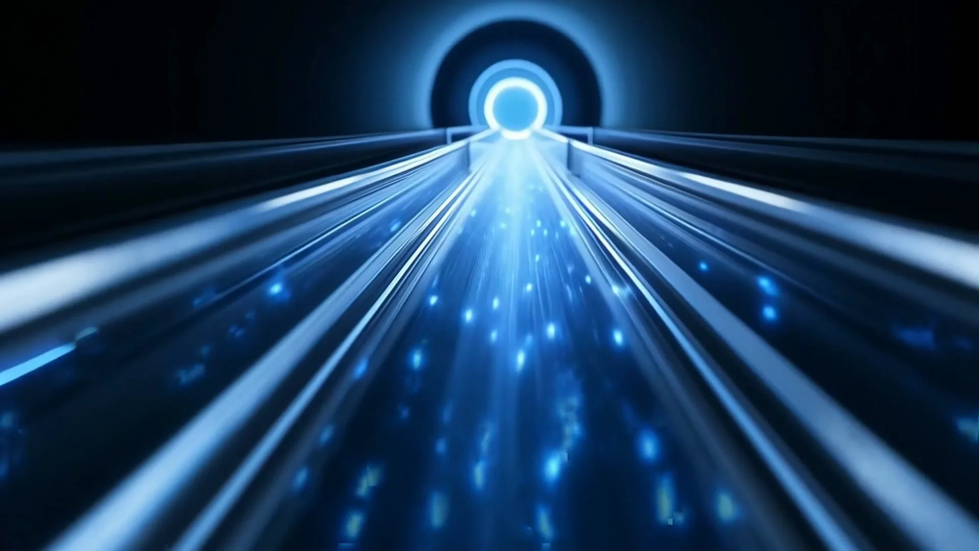 Streaks of blue and white light rush down a dark tunnel towards a small glowing ring in the distance, with points of light scattered along their length. The image is abstract.